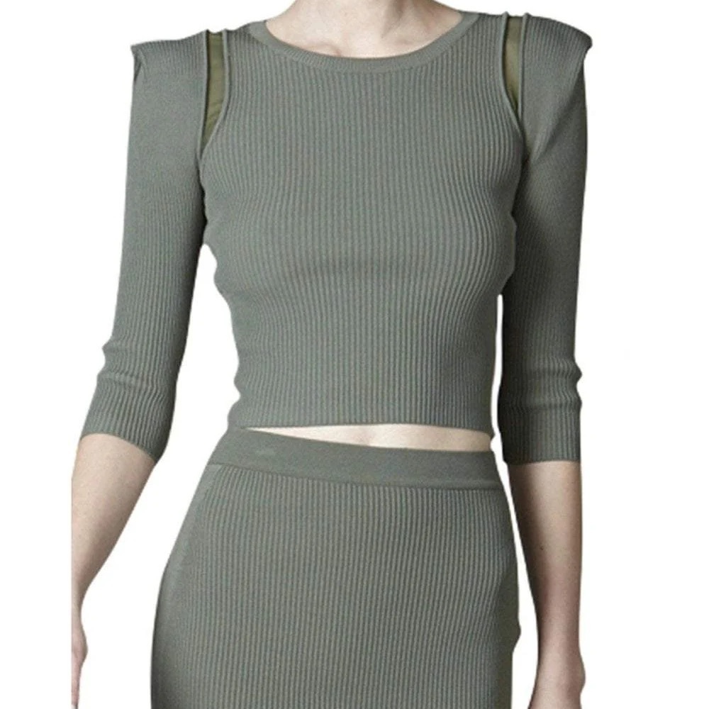 STELLA & JAMIE Yves Cropped 3/4 sleeve top Shirt blouse Ribbed Ivy Green Size XS